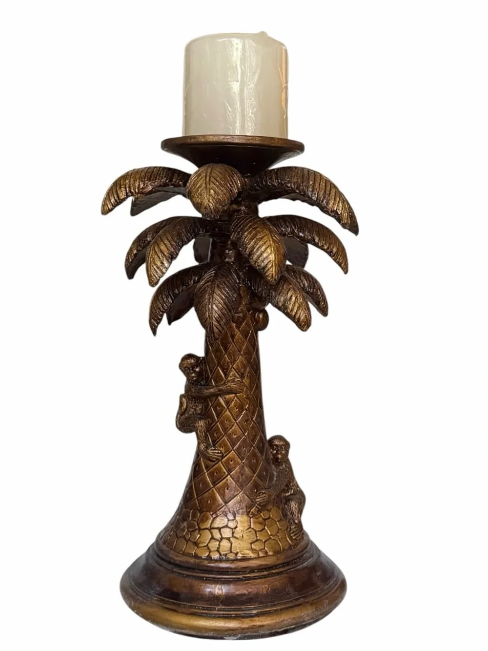 Home Elements Bronze Monkeys Climbing Palm Tree Ceramic Pillar Candle Holder